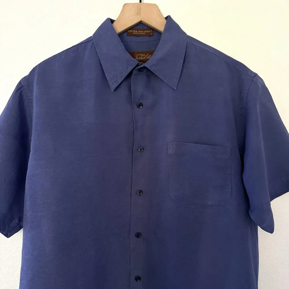 Tasso Elba Silk Linen Short Sleeve Camp Shirt Men's M Blue Coastal Preppy Island